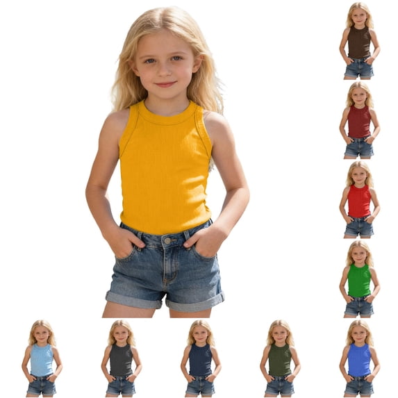 FINALGANG Girls Kids High Crew Neck Sleeveless Solid Ribbed Knit Slim Fit Basic Casual Halter Tank Top For Little Girls Daily Home Wear Summer Outdoor Activities Versatile Top Yellow 11-12 Years