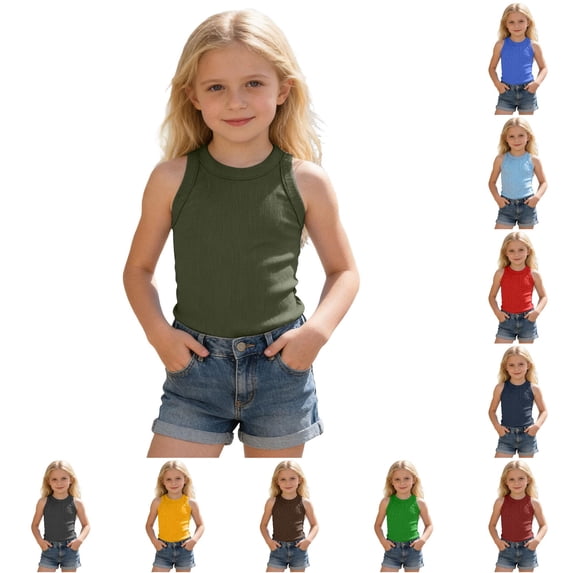 FINALGANG Girls Kids High Crew Neck Sleeveless Solid Ribbed Knit Slim Fit Basic Casual Halter Tank Top For Little Girls Daily Home Wear Summer Outdoor Activities Soft Top Army Green 7-8 Years