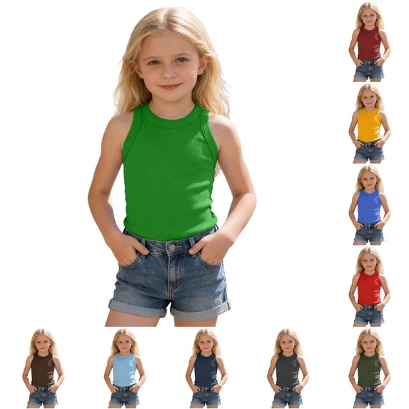 FINALGANG Girls Kids High Crew Neck Sleeveless Solid Ribbed Knit Slim Fit Basic Casual Halter Tank Top For Little Girls Daily Home Wear Summer Outdoor Activities Comfortable Top Green 5-6 Years