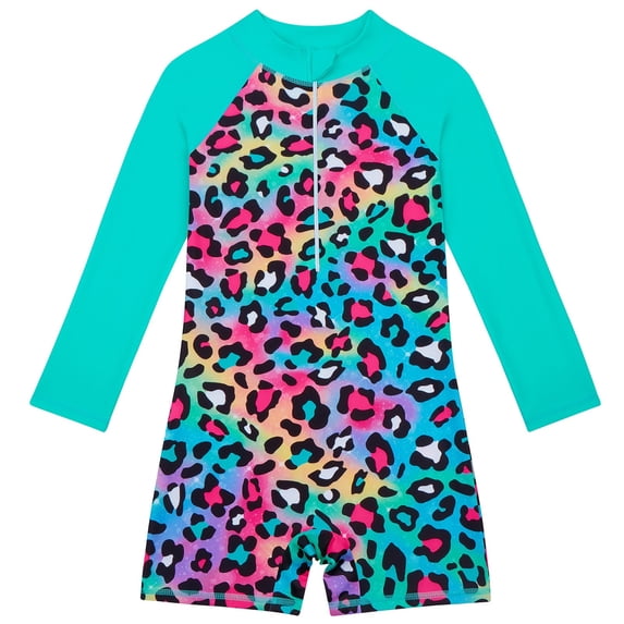FINALGANG Girls Kids High Neck Long Sleeve One Piece Rash Guard Swimsuit With Rainbow Leopard Print Raglan Sleeves Front Zipper For Beach Days Pool Parties Water Activities Sky Blue 10-12 Years