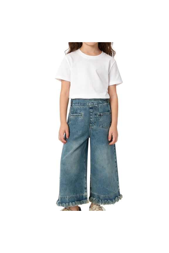 Girls Kids High Waisted Wide Leg Denim Culottes With Frayed Hem Front Pockets Light Wash Casual Loose Fit Jeans For Daily Wear Blue 9-10 Years