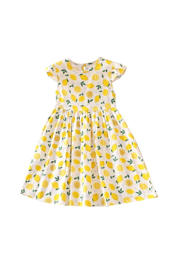 Girls Kids Lemon Print Dress Ruffle Sleeve Crewneck Flared Skirt Casual Summer Dress For Daily Wear Stylish Dress