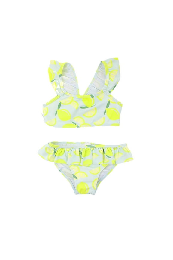 Girls Kids Lemon Print Ruffle Trim Two Piece Bikini Swimsuit Set For Beach Vacations Pool Parties Summer Water Activities Leisure Swimwear