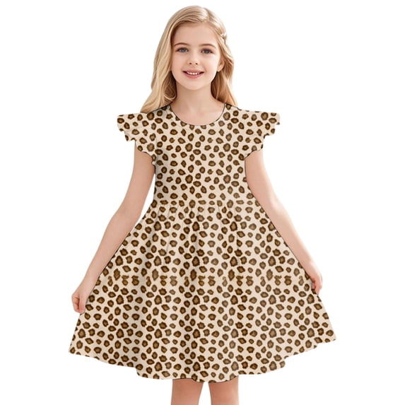 FINALGANG Girls Kids Leopard Print Ruffle Sleeve Dress Crewneck Flared Skirt Casual Summer Dress For Daily Wear Vacation Outings Brown 4-5 Years