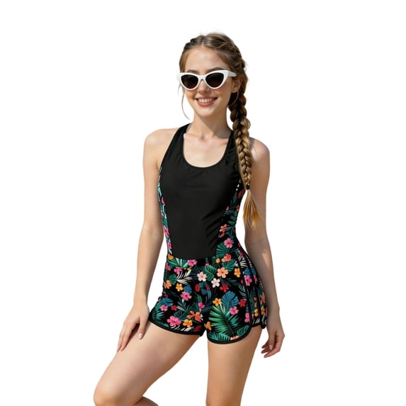 FINALGANG Girls Kids One Piece Romper Swimsuit With Floral Print Racerback Design High Waisted Boy Short Bottoms Sun Protection Bathing Suit For Summer Beach Vacation 9-10 Years Black