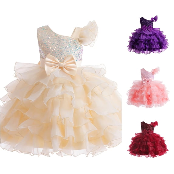 FINALGANG Girls Kids One Shoulder Ruffle Accent Sequin Embellished Bodice Waist Bow Multi Layer Ruffled Pageant Birthday Formal Tutu Dress For Little Girl Versatile Dress 8-9 Years