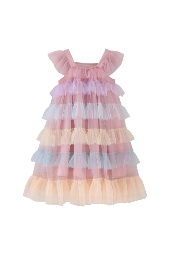 Girls Kids Pastel Rainbow Tiered Tulle Dress Ruffle Strap Sleeveless A Line Casual Party Dress For Holiday Daily Wear Stylish Dress