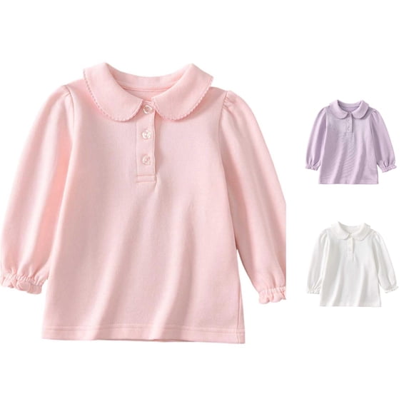 FINALGANG Girls Kids Peter Pan Collar Long Sleeve Half Button Solid Soft Knit Regular Fit Casual Basic Polo Top For Daily Home Wear School Uniform Outdoor Activities Casual Tops Pink 2-3 Years