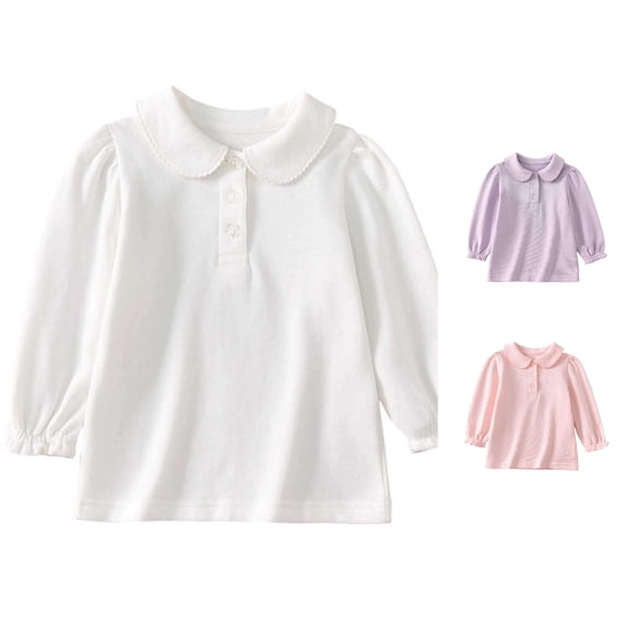 FINALGANG Girls Kids Peter Pan Collar Long Sleeve Half Button Solid Soft Knit Regular Fit Casual Basic Polo Top For Daily Home Wear School Uniform Outdoor Activities Versatile Tops White 1-2 Years