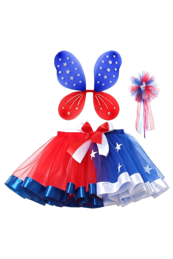 Girls Kids Red Blue Star Print Tulle Tutu Skirt With Butterfly Wings Flower Wand Three Piece Set For Kids Independence Day Party Holiday Festival Outings Soft Skirts