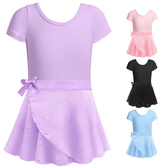 FINALGANG Girls Kids Round Neck Short Sleeve Leotard With Sparkle Dot Tulle Skirt Side Bow Two Piece Outfit Set Loose Fit For Kids Ballet Class Dance Recital Stage Show Daily Training Trendy Skirts