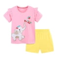 thumbnail image 1 of FINALGANG Girls Kids Round Neck Short Sleeve Ruffled T Shirt With Elephant Butterfly Embroidery Solid Color Shorts Two Piece Casual Outfit Set For Summer Daily Wear Classic Outfit, 1 of 5