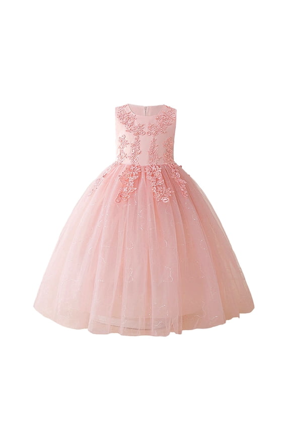 Girls Kids Round Neck Sleeveless Formal Dress With Lace Applique Bodice Sparkling Tulle Skirt For Toddlers Weddings Special Occasions Soft Dress