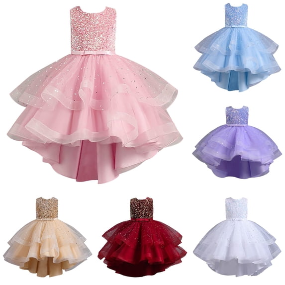 FINALGANG Girls Kids Round Neck Sleeveless Full Sequin Bodice Waist Bow Star Sequin Tulle Layered High Low Hem Birthday Formal Princess Dress For Child Fashion Dress 12-13 Years