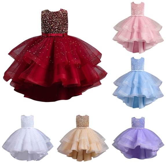 FINALGANG Girls Kids Round Neck Sleeveless Full Sequin Bodice Waist Bow Star Sequin Tulle Layered High Low Hem Birthday Formal Princess Dress For Child Stylish Dress 3-4 Years