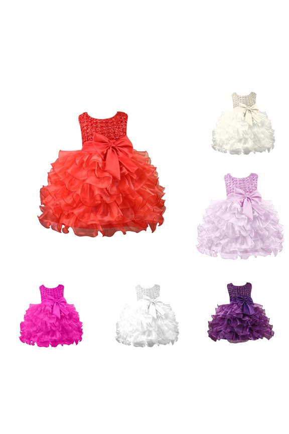 Girls Kids Round Neck Sleeveless Pearl Beaded Sequined Bodice Waist Giant Bow Multi Layer Ruffle Formal Tutu Dress For Little Girl Classic Dress 12-18 Months
