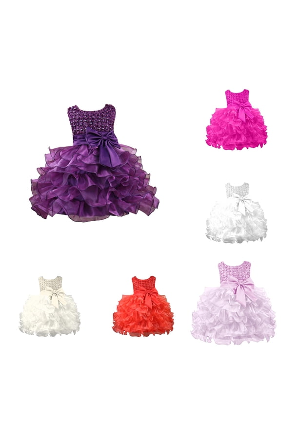 Girls Kids Round Neck Sleeveless Pearl Beaded Sequined Bodice Waist Giant Bow Multi Layer Ruffle Formal Tutu Dress For Little Girl Soft Dress 0-6 Months