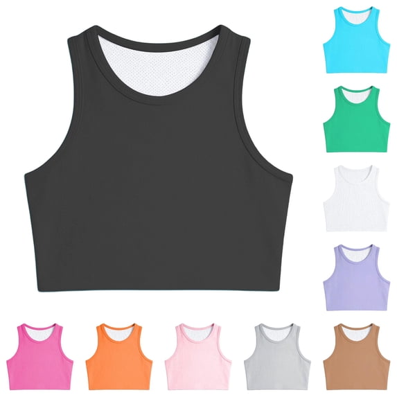 FINALGANG Girls Kids Round Neck Sleeveless Solid Breathable Mesh Quick Dry Regular Fit Athletic Sports Tank Top For Daily Workout Running Fitness Summer Daily Wear Stylish Top Black 8-10 Years