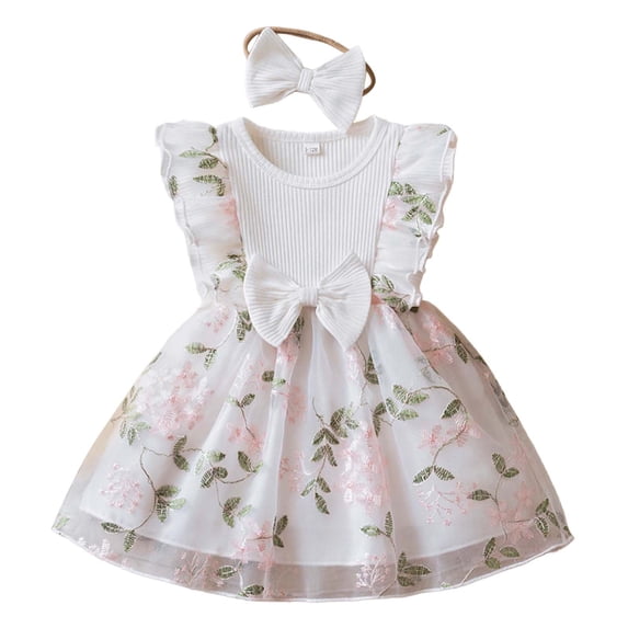 FINALGANG Girls Kids Ruffled Sleeve Tulle Dress Crewneck Bow Belt Floral Print Dress For Spring Summer Party Daily Wear White 18-24 Months