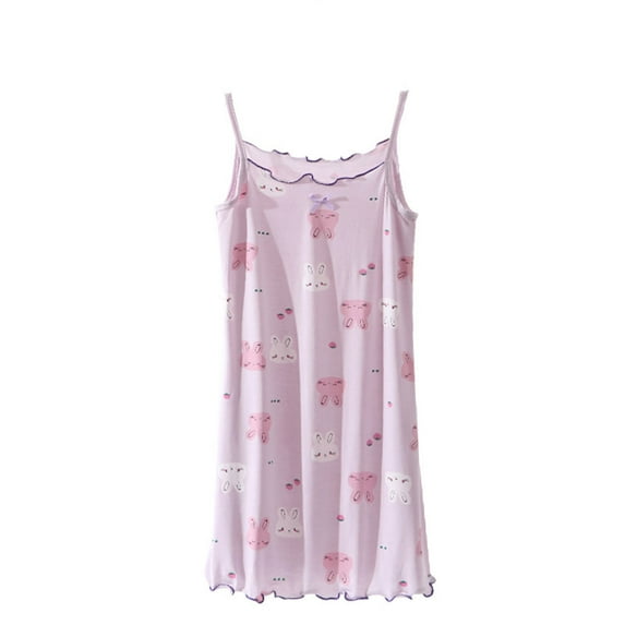 FINALGANG Girls Kids Satin Spaghetti Strap Nightdress Lightweight Sleeveless Loose Fit Cartoon Prints Homewear Dress For Daily Home Relaxation Classic Outfits