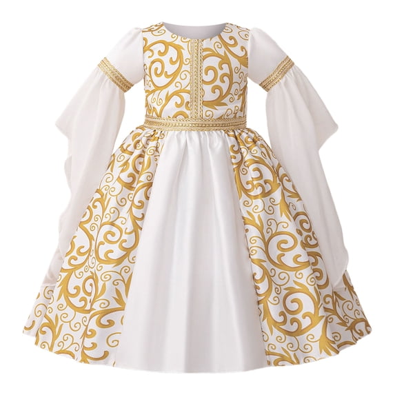 FINALGANG Girls Kids Scroll Print Dress Flare Sleeve Crewneck Gold Trim Decor Flared Skirt Vintage Princess Dress For Party Wear White 6-12 Months