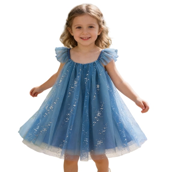 FINALGANG Girls Kids Sequin Tulle Dress Ruffle Spaghetti Straps Square Neck Flowy Skirt Princess Party Dress For Party Daily Wear Blue 7-8 Years