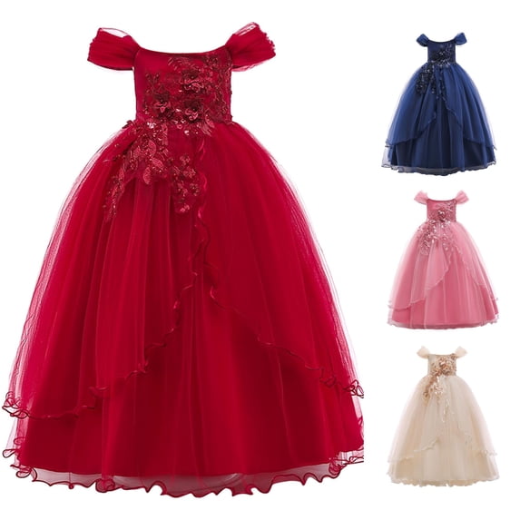 FINALGANG Girls Kids Off Shoulder Puff Short Sleeve 3D Floral Applique Tulle A Line Long Formal Dress Loose Flared Fit For Wedding Flower Girl Pageant Performance Outings Versatile Dress 12-14 Years