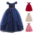 thumbnail image 1 of FINALGANG Girls Kids Off Shoulder Puff Short Sleeve 3D Floral Applique Tulle A Line Long Formal Dress Loose Flared Fit For Wedding Flower Girl Pageant Stage Performance Outings Cozy Dress 8-9 Years, 1 of 4