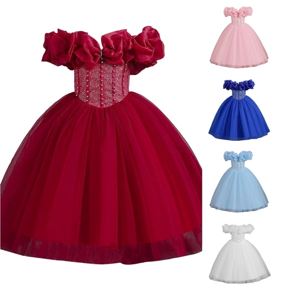 FINALGANG Girls Kids Off Shoulder Ruffle Beaded Lace Bodice A Line Tulle Formal Dress Loose Flared Fit For Kids Party Pageant Wedding Stage Performance Outings Versatile Dress 9-10 Years