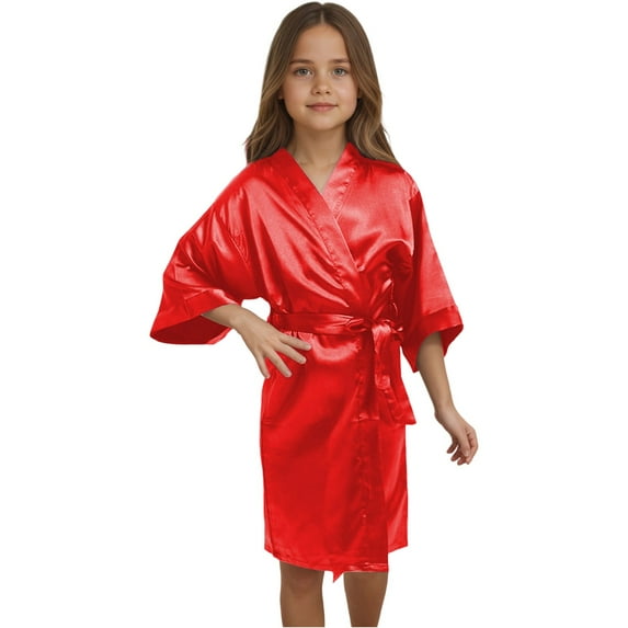 FINALGANG Girls Kids Silk Satin Bathrobe Solid Color Long Sleeve Soft Relaxed Fit Kimono Nightgown With Belt For Casual Daily Home Wear Trendy Outfits