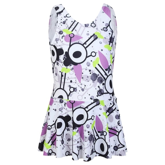 FINALGANG Girls Kids Sleeveless One Piece Swim Dress With Abstract Leaf Print Scoop Neck Built In Brief For Toddlers Summer Beach Days Pool Parties Water Activities Purple 13-14 Years