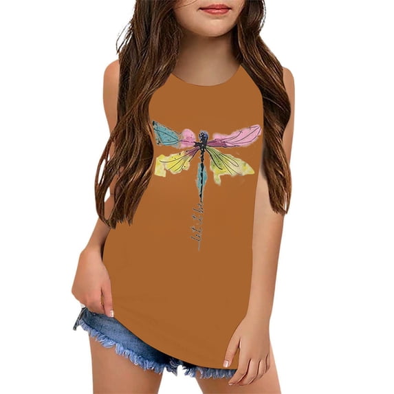 FINALGANG Girls Kids Sleeveless Tank Top With Colorful Dragonfly Prints Crewneck Soft Casual Top For Daily Wear Streetwear Brown 8-9 Years