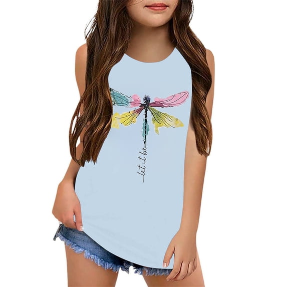 FINALGANG Girls Kids Sleeveless Tank Top With Colorful Dragonfly Prints Crewneck Soft Casual Top For Daily Wear Streetwear Light Blue 9-10 Years