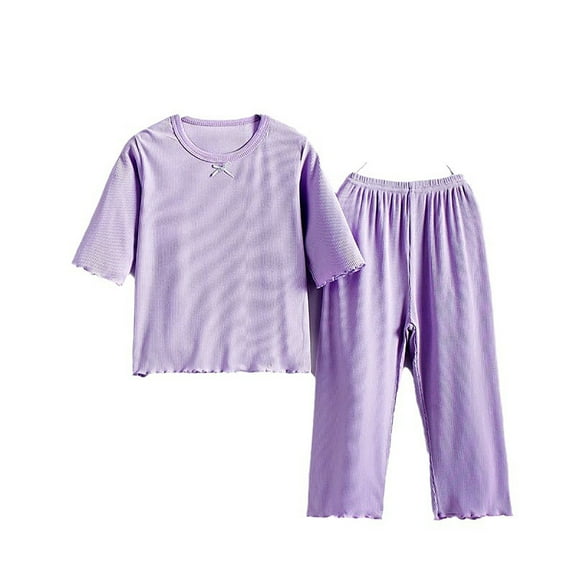 FINALGANG Girls Kids Soft Homewear Set Short Sleeve Crewneck Relaxed Fit Bow Decor Top Elastic Waisted Pants For Casual Home Wear Soft Outfits