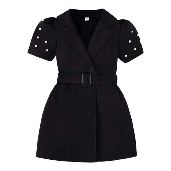 FINALGANG Girls Kids Solid Color Blazer Dress Puff Sleeve Pearl Beaded Bow Belt Office Casual Dress For Daily Wear Classic Dress