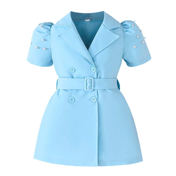 FINALGANG Girls Kids Solid Color Blazer Dress Puff Sleeve Pearl Beaded Bow Belt Office Casual Dress For Daily Wear Cute Dress