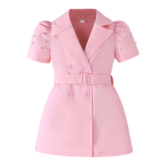 FINALGANG Girls Kids Solid Color Blazer Dress Puff Sleeve Pearl Beaded Bow Belt Office Casual Dress For Daily Wear Stylish Dress