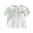 thumbnail image 1 of FINALGANG Girls Kids Solid Color Button Down Blouse With Ruffled Peter Pan Collar Puffed Short Sleeve Lightweight Casual Top For Playtime Daily Wear White 8-9 Years, 1 of 8