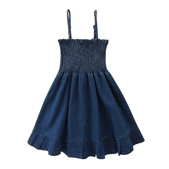 FINALGANG Girls Kids Solid Color Denim Spaghetti Strap Dress Smocked Bodice Ruffle Hem A Line Casual Sundress For Summer Daily Wear Trendy Dress