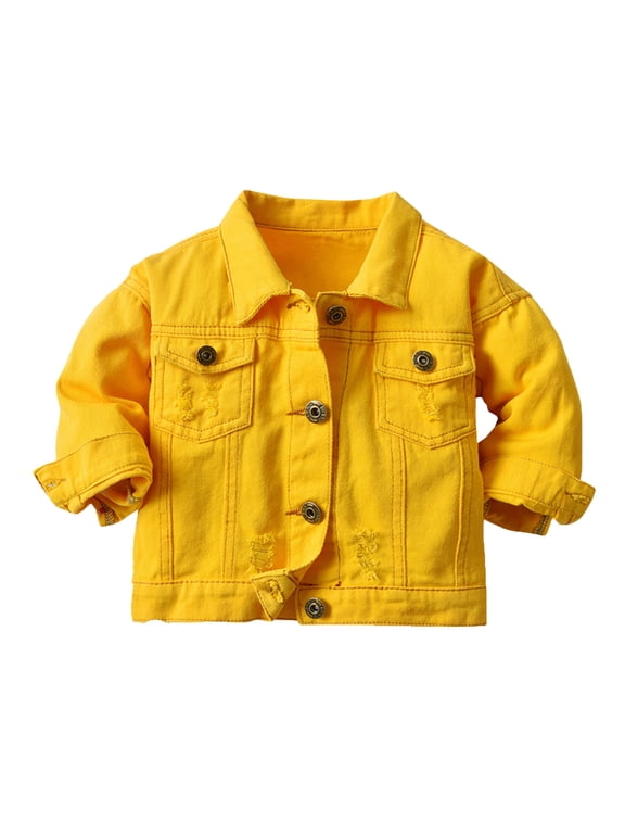 Girls Kids Solid Color Distressed Denim Jacket Turn Down Collar Long Sleeve Button Closure Vintage Ripped Design Casual Outerwear For Daily Wear Yellow 6-7 Years
