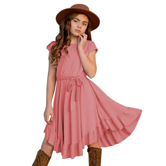 FINALGANG Girls Kids Solid Color Dress Short Sleeve Crewneck Tie Waist Ruffle Hem A Line Casual Dress For Summer Daily Wear Classic Dress