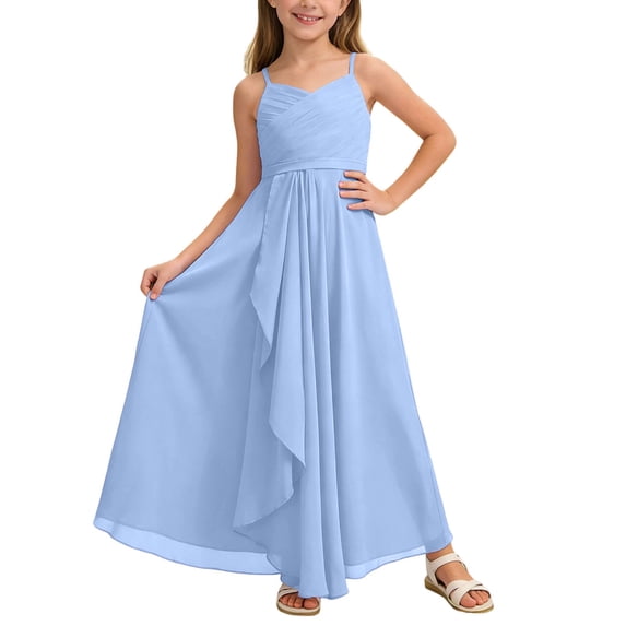 FINALGANG Girls Kids Solid Color Dress Spaghetti Strap V Neck Ruched Bodice Asymmetrical Hem Maxi Formal Party Dress For Formal Daily Wear Stylish Dress