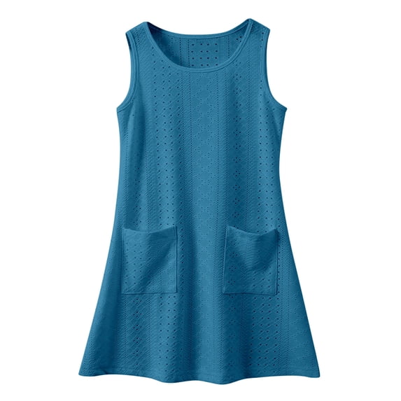 FINALGANG Girls Kids Solid Color Eyelet Knit Dress Sleeveless Crewneck A Line Dress With Front Pockets For Summer Casual Wear Classic Dress
