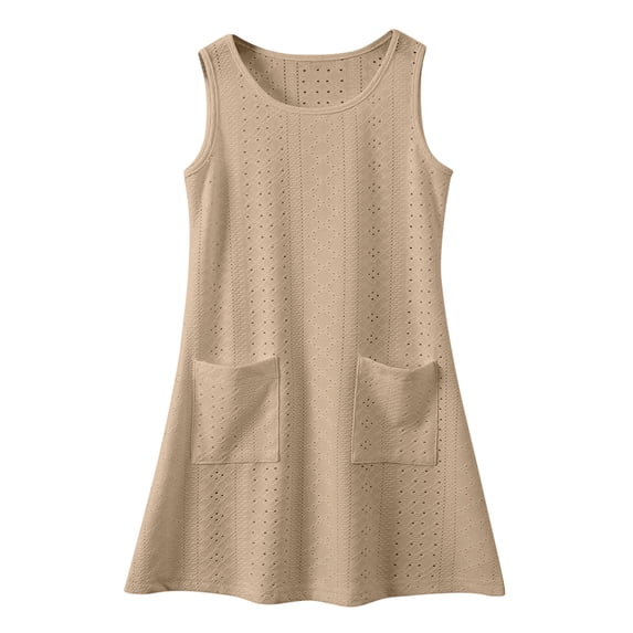 FINALGANG Girls Kids Solid Color Eyelet Knit Dress Sleeveless Crewneck A Line Dress With Front Pockets For Summer Casual Wear Trendy Dress