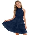 thumbnail image 1 of FINALGANG Girls Kids Solid Color Halter Neck Ruffle Dress High Waist Smocked Bodice Tiered Layered Skirt Lightweight Elegant Cute Party Dress For Summer Vacation Wear Navy 8-9 Years, 1 of 5