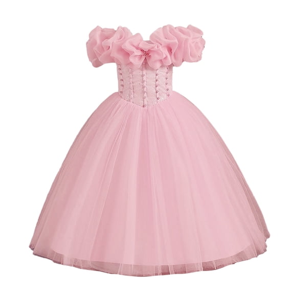FINALGANG Girls Kids Solid Color Off Shoulder Dress Beaded Bodice Ruffle Trim Fluffy Tulle Skirt Princess Gown For Wedding Party Wear Lovely Dress