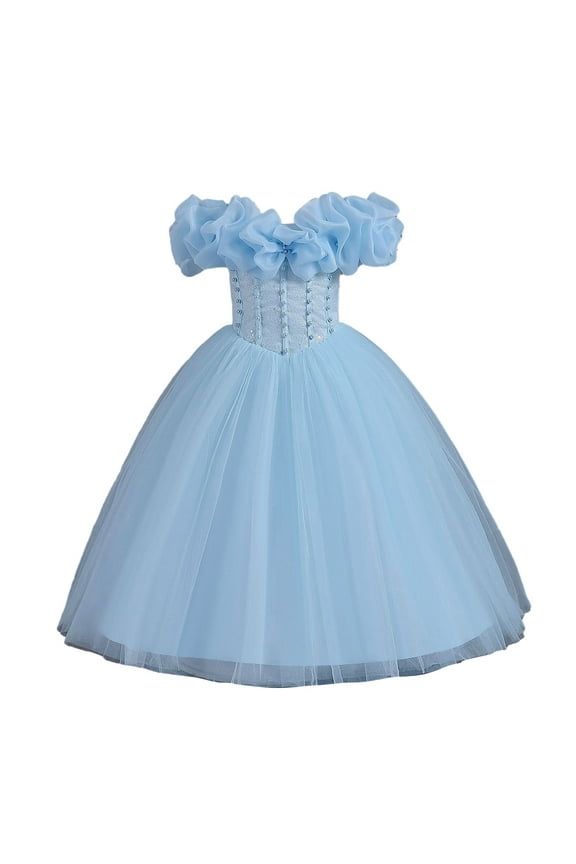 Girls Kids Solid Color Off Shoulder Dress Beaded Bodice Ruffle Trim Fluffy Tulle Skirt Princess Gown For Wedding Party Wear Stylish Dress