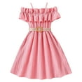 thumbnail image 1 of FINALGANG Girls Kids Solid Color Off Shoulder Dress Ruffle Neckline Spaghetti Strap A Line Dress With Buckle Belt For Casual Summer Wear Cute Dress, 1 of 8
