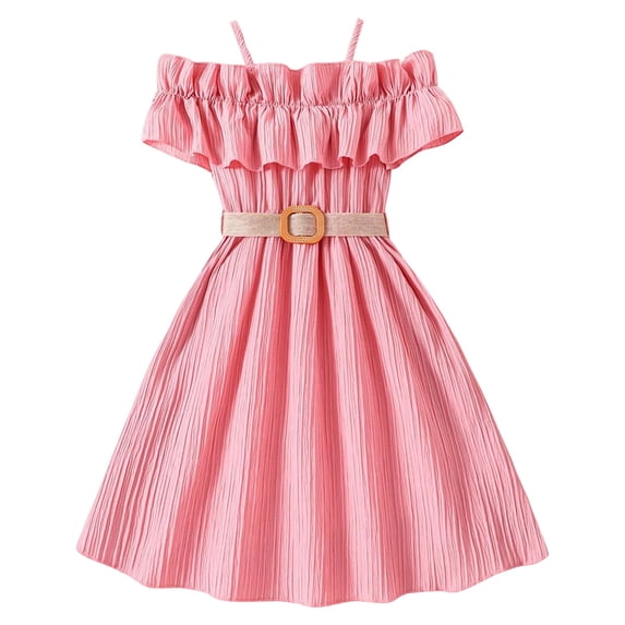 FINALGANG Girls Kids Solid Color Off Shoulder Dress Ruffle Neckline Spaghetti Strap A Line Dress With Buckle Belt For Casual Summer Wear Cute Dress