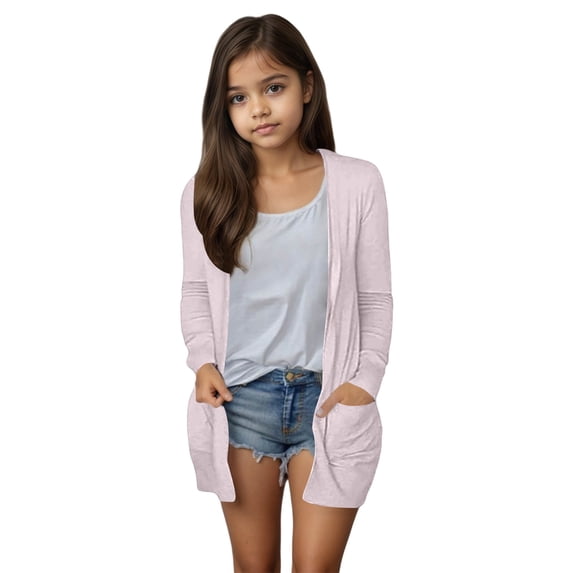 FINALGANG Girls Kids Solid Color Open Front Cardigan Long Sleeve Casual Loose Fit Draped Knit Coat With Side Pockets For Daily Layering Wear Pink 130